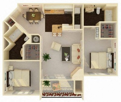 Floor plan for 2 beds, 2 baths, 1005 sqft